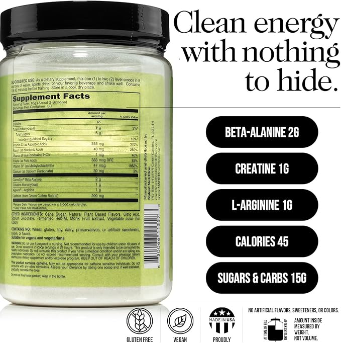 NAKED Watermelon Energy - Clean Pre Workout Supplement for Men and Women, Vegan Friendly, No Added Sweeteners, Colors Or Flavors - 30 Servings