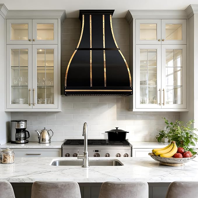 CHETTO C Stainless Steel Range Hood Cover with 4-Speed Vent Hood Insert Custom Handmade Metal Kitchen Fan with Towel Rack LED Light 36"W x21"D x57"H Black Wall Mount