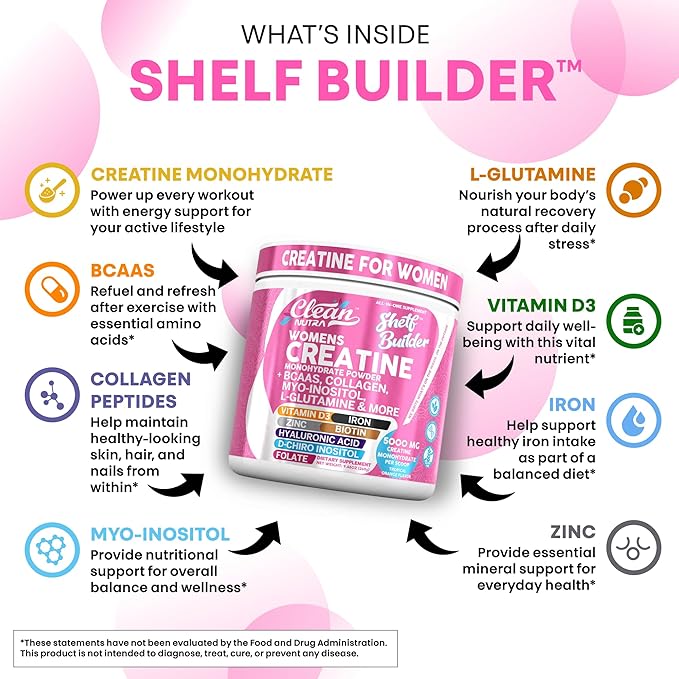 Creatine for Women | Creatine Monohydrate + BCAA Powder Myo-Inositol Collagen Biotin Hyaluronic Acid Folate L Glutamine Vitamin D3 Iron Zinc D-Chiro-Maca Digestion Shelf Builder by Clean Nutra