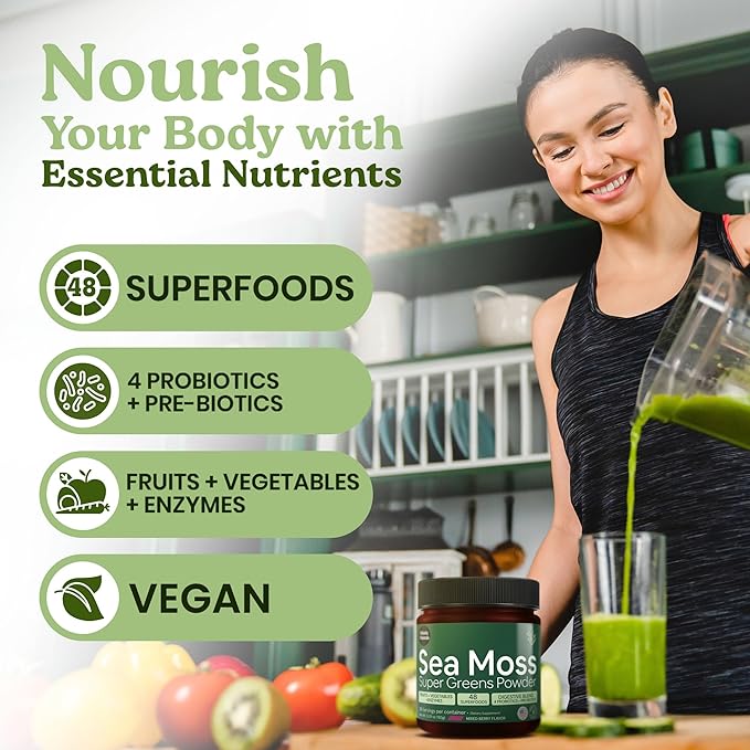 Atlantic Naturals Organic Sea Moss Super Greens Powder - Greens Superfood with 12 Vegetables, 15 Fruits, Probiotics, 16 Herbs & Spices - Digestive Health, Energy, Skin & Immunity - Mixed Berry Flavor
