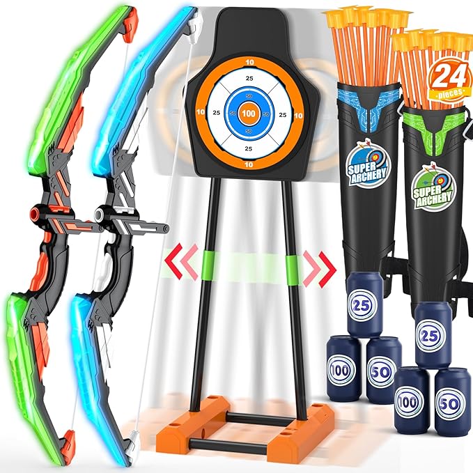 2 Pack Bow and Arrow with Moving Target for Kids, LED Light Up Archery Set with 24 Suction Cup Arrows, 6 Score Targets & 2 Quiver, Indoor Outdoor Sport Gifts for Boys Girls Ages 4-12
