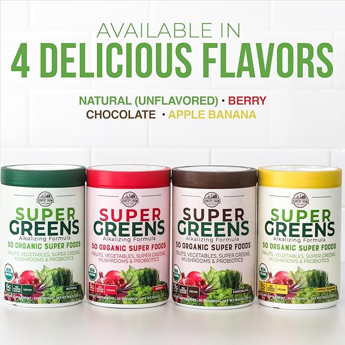 COUNTRY FARMS Super Greens Natural Flavor, 50 Organic Super Foods, USDA Organic Drink Mix, Fruits, Vegetables, Super Greens, Mushrooms & Probiotics, Supports Energy, 20 Servings, 10.6 Oz