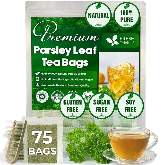 FreshDrinkUS, Premium 75 Parsley Leaf Tea Bags, 100% Natural & Pure from Parsley Leaves. Loose Leaf Parsley Herbal Tea. Made with Natural Material Tea Bags. No Sugar, No Caffeine, No Gluten, Vegan.