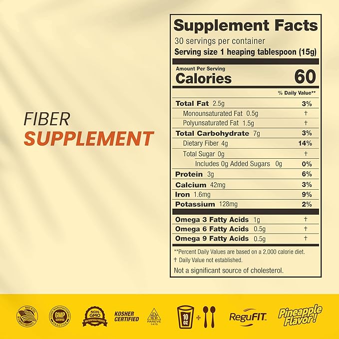 Fiber Powder to Supports Bloating Relief & Gut Health, Helps Maintain Regularity, Prebiotic, Superfood, Omega-3 ALA, Pineapple Flavor, 30 svgs