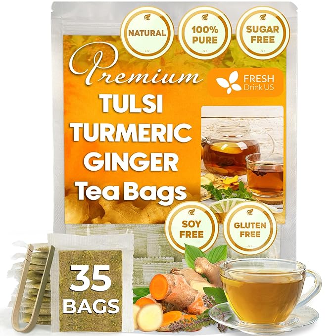 FreshDrinkUS, Premium 35 Tulsi Turmeric Ginger Tea Bags, 100% Natural & Pure from Tulsi Holy Basil Leaves, Turmeric and Ginger. Made with Natural Material Tea Bags. No Sugar, No Caffeine, Vegan.