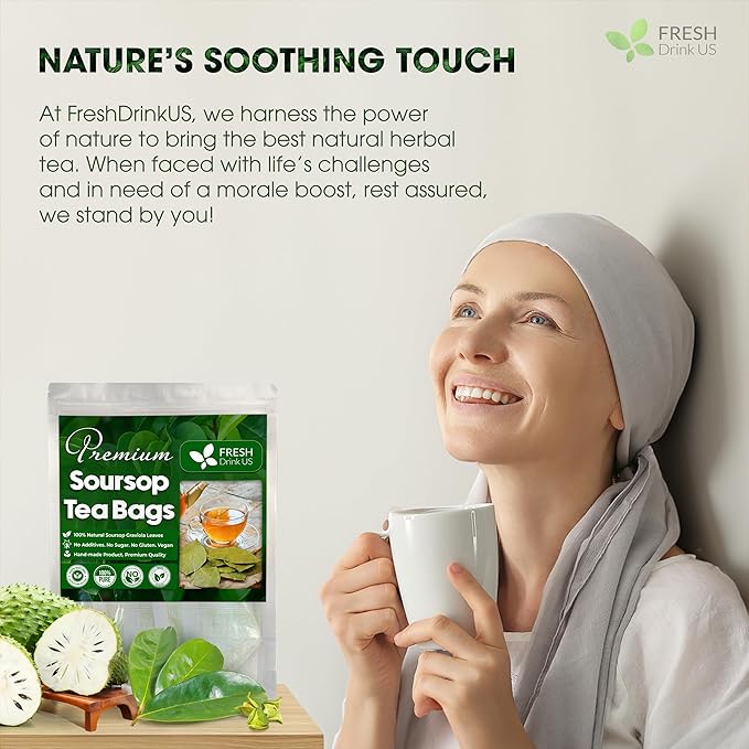 FreshDrinkUS, 60 Premium - The Top Soursop Graviola Leaf Tea Bags, 100% Pure & Natural from Soursop Leaves, Handmade, Made With Natural Materials-Corn Fiber Tea Bag, Sugar/Caffeine/Gluten Free, Hoja Guanabana Tea