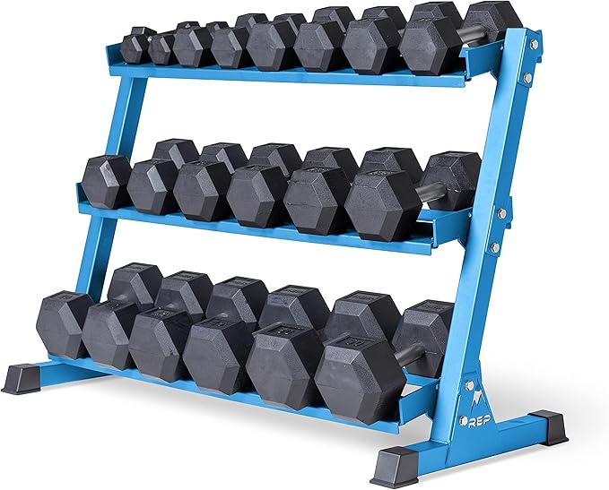 REP Fitness Rubber Hex Dumbbell Set, Adjustable Weight Pairs, Home Gym Equipment, Strength Training For Men Women, Black Coated Grips, Workout Rack Storage Optional, Heavy Lb Free Weights