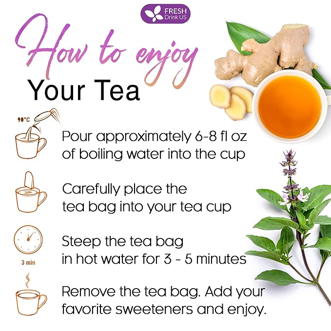 FreshDrinkUS Premium 75 Ginger Tulsi Tea Bags, 100% Natural, Hand-made Blend of Ginger and Tulsi Holy Basil Leaves, Eco-conscious Tea Bags. No Sugar, No Caffeine, Vegan