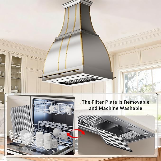CHETTO C Stainless Steel Range Hood Cover with Quiet Vent Hood Insert Custom Handcrafted Metal Kitchen Fan with Towel Rack LED Light 42"W x27"D x54"H Brushed Stainless Steel Island Mount
