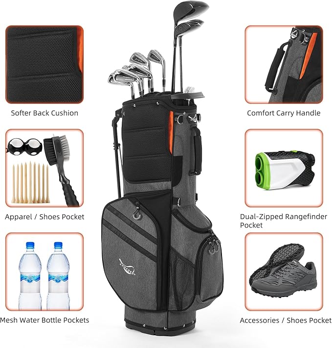 Golf Stand Bag 14 Way Top Dividers Full-Length with Stand, 7 Pockets, Lightweight Golf Bag for Men, Dual Strap, Rain Hood, Portable Golf Club Bag for Men Women