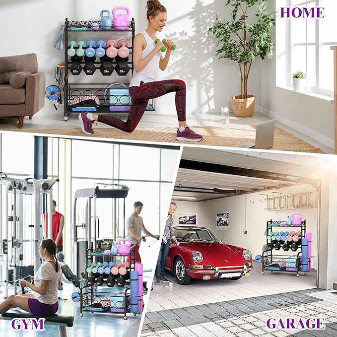 Dumbbell Rack, VOPEAK Weight Rack for Home Gym, Home Gym Storage Rack for Yoga Mat Kettlebells and Strength Training Equipment, Weight Storage Rack for Dumbbells with Wheels