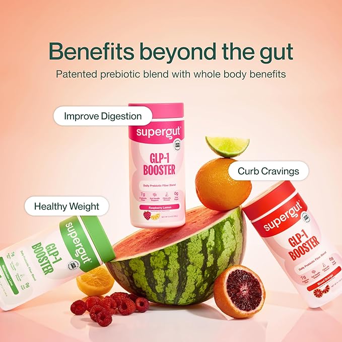 Supergut Gut Healthy Flavored GLP-1 Booster, Raspberry Lemon - High Fiber GLP-1 Supplement Powder for Women & Men - Sugar-Free Drink Mix for Gut Health & Digestive Support (18 Servings)