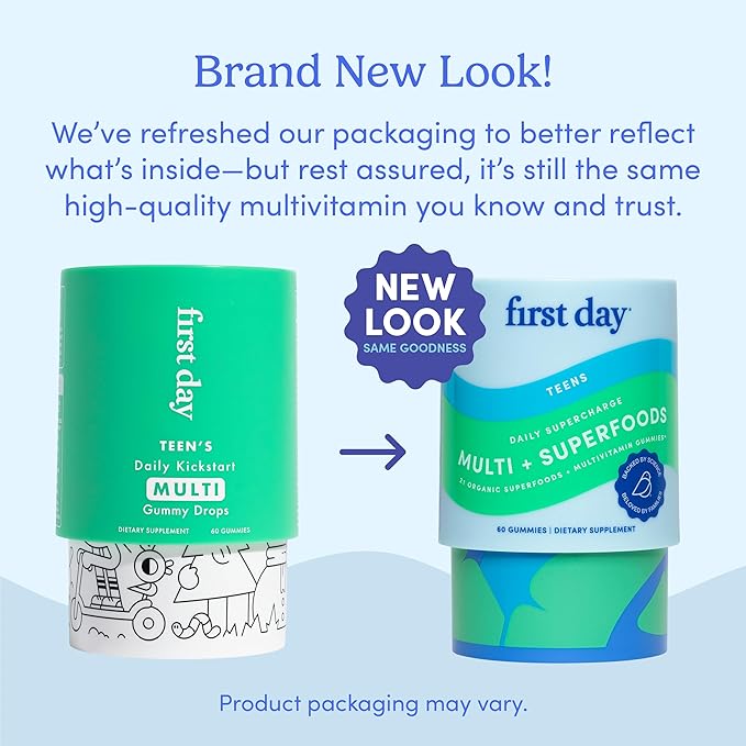 FIRST DAY Vitamins for Teens - Teen Multi Vitamins for Girls & Boys 12-17, Organic Fruit & Veggie Blend - 12 Key Nutrients: Vitamins A, B1, B2, B6, B9, B12, C, D3, E, K2-60 Day Supply