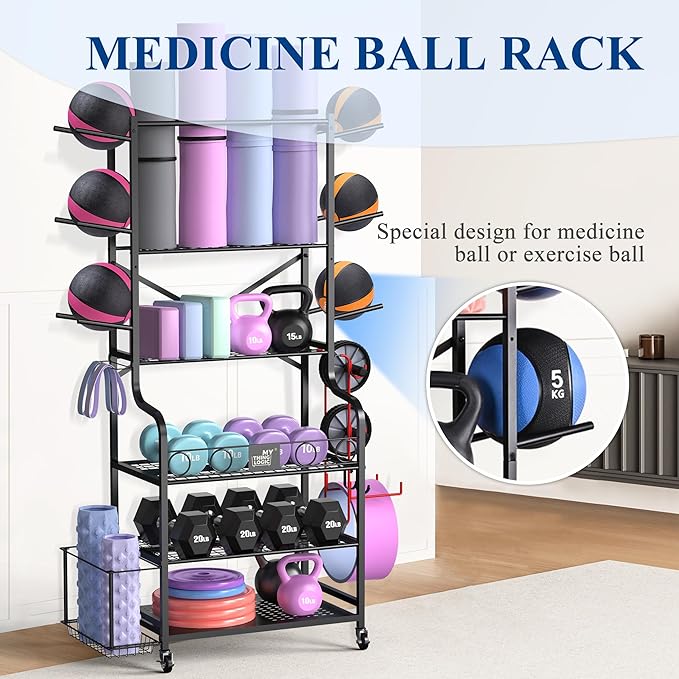 Mythinglogic Yoga Mat Storage Racks,Home Gym Storage Rack for Dumbbells Kettlebells Foam Roller, Yoga Strap and Resistance Bands, Workout Equipment Storage Organizer With Hooks and Wheels