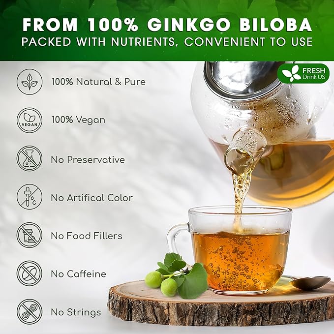FreshDrinkUS, Premium 135 Ginkgo Biloba Leaf Tea Bags, 100% Natural & Pure from Ginkgo Biloba Leaves. Loose Leaf Herbal Tea. Made with Eco-Conscious Tea Bags. No Sugar, No Caffeine, No Gluten, Vegan.