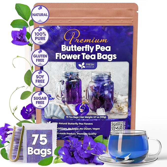 FreshDrinkUS, Premium 75 Tea Bags Blue Butterfly Pea Flowers, 100% Natural and Pure from Butterfly Pea Flowers, Made With Natural Material Tea Bag, No Sugar, No Caffeine, No Gluten, Vegan