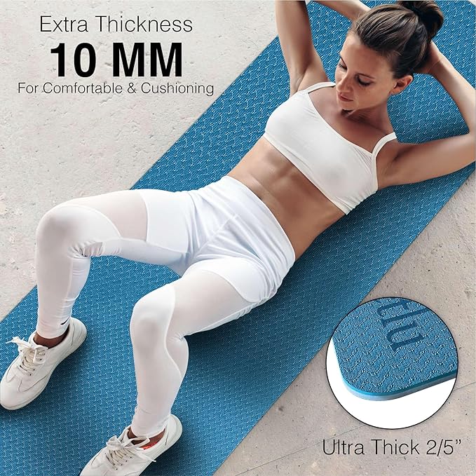 Extra Thick Exercise Yoga Mat with Strap - 2/5 Inch (10MM), Non-Slip Workout Mat for Yoga, Pilates, and Floor Exercises