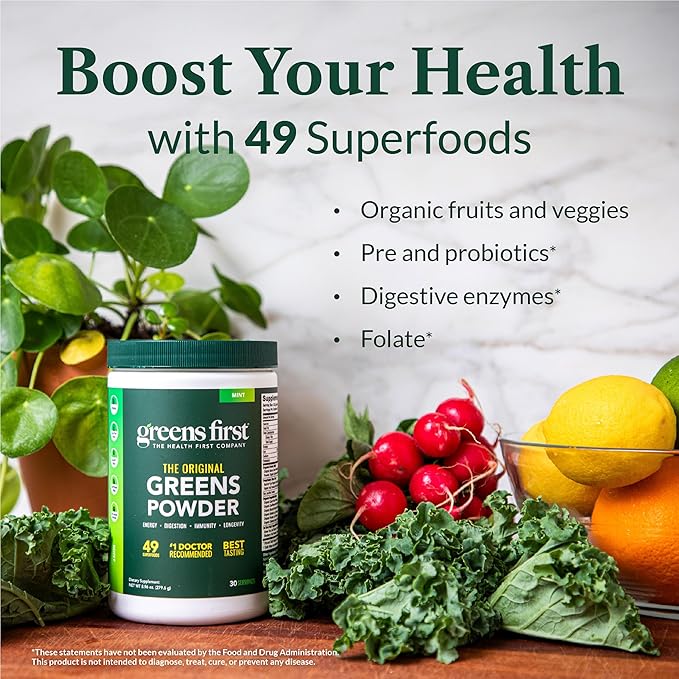 Greens First Original Greens Powder - 49 Superfoods - Organic Fruits & Veggies - Prebiotics, Probiotics & Digestive Enzymes - Antioxidant Smoothie - Dairy Free, Vegan & Non-GMO (Mint, 30 Servings)