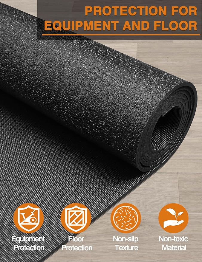 Treadmill Mat, 5'x2.5'/5.6'x2'/6.5'x3'/8'x3',6mm Thickness Exercise Equipment Mat for Carpet Hardwood Floors, Compatible with Walking Pad,Spin Bike,Elliptical Trainer,Rowing Machine