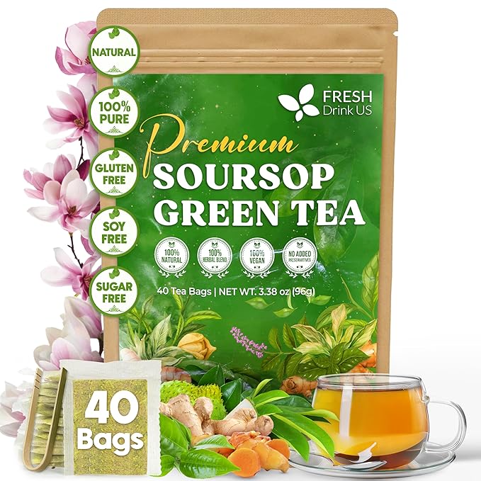 FreshDrinkUS, Premium 40 Tea Bags Soursop Green Tea, 100% Natural & Proprietary Blend from Soursop Leaves and Green Tea. Smooth Flavor. Made with Eco-Conscious Tea Bags. No Additives No Sugar, Vegan.