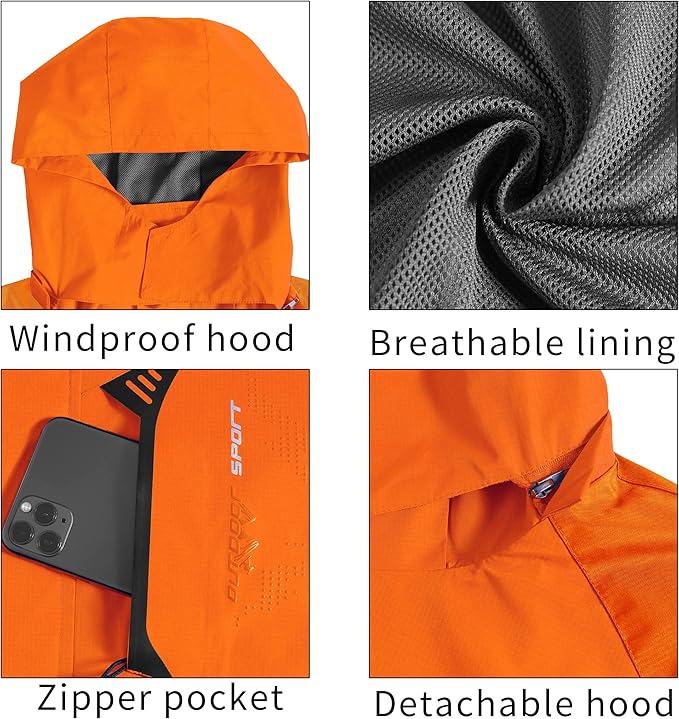 TEZO Mens Rain Jacket Waterproof with Hooded Hiking Coat Lightweight Windbreaker