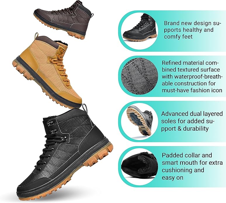Wondamo Men's Snow Boots Lightweight Waterproof Winter Boots Fur Lined Anti-slip Cold Weather Shoes