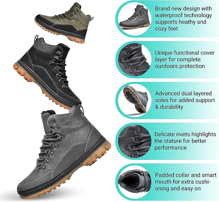 Wondamo Men's Snow Boots Lightweight Waterproof Winter Boots Fur Lined Anti-slip Cold Weather Shoes