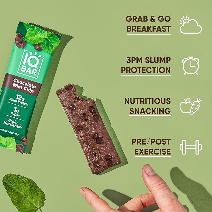 IQBAR Brain and Body Plant Protein Bars - Chocolate Mint Chip - 12-Count Low Carb - Gluten Free, High Fiber, Vegan Snacks - Low Sugar Meal Replacement