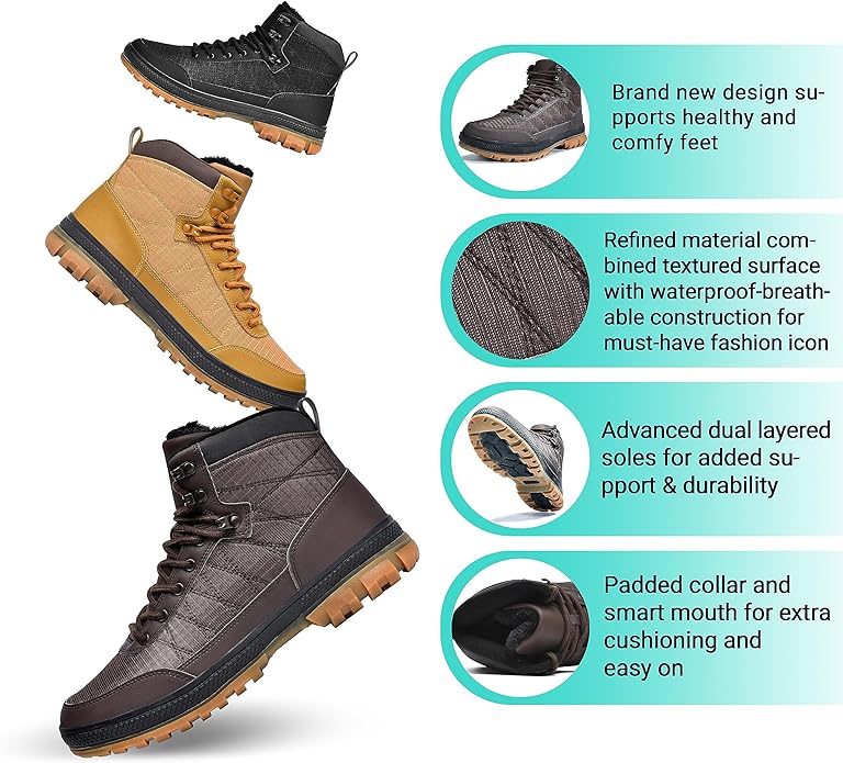 Wondamo Men's Snow Boots Lightweight Waterproof Winter Boots Fur Lined Anti-slip Cold Weather Shoes
