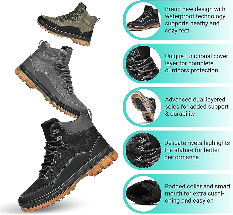 Wondamo Men's Snow Boots Lightweight Waterproof Winter Boots Fur Lined Anti-slip Cold Weather Shoes