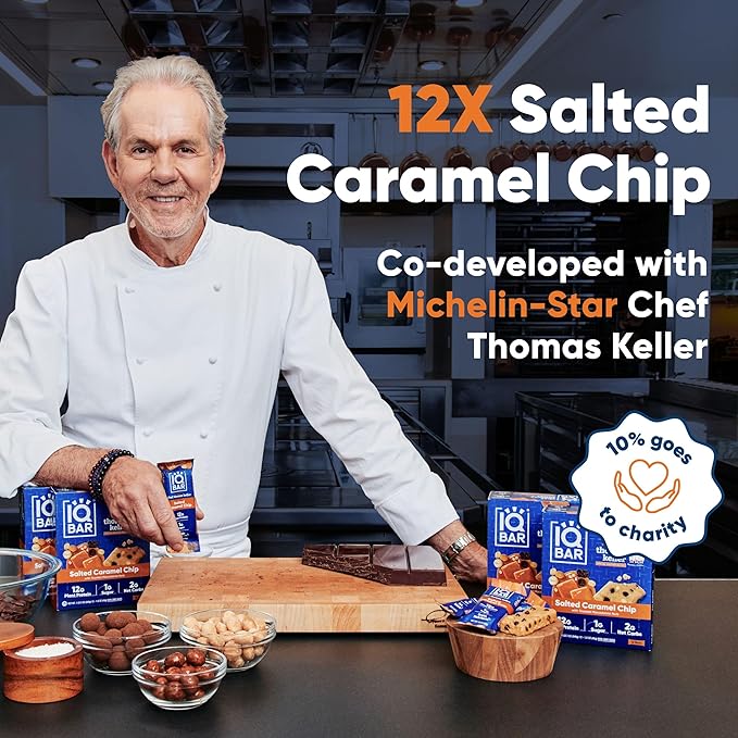 IQBAR x Chef Thomas Keller - Brain and Body Plant Protein Bars - Salted Caramel Chip - 12-Count, Low Carb, High Fiber, Gluten Free, Vegan Snacks - Low Sugar High Protein - Low Calorie Keto Energy Bars