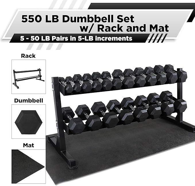 WF Athletic Supply Rubber Coated Hex Dumbbell Set, Multiple Choices Available - Dumbbells with Rack Stand and Mat, or Dumbbells Only (200/550/1200/2100/3000 LB)