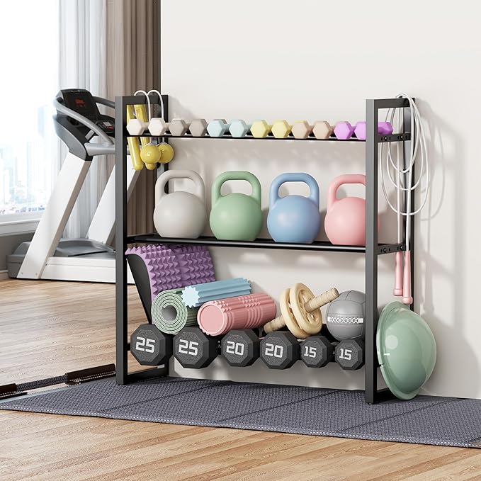 Pickpiff Adjustable 3-Tier Dumbbell Rack – Heavy-Duty Metal Weight Storage Stand for Dumbbells, Kettlebells, and More – Space-Efficient Home Gym Organizer – 360 lb Capacity (Dumbbells Not Included)