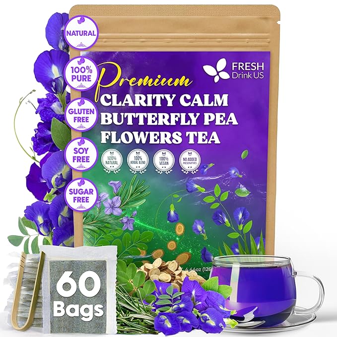 FreshDrinkUS, Clarity Calm Butterfly Pea Flower Tea – 60 Tea Bags Herbal Blend of Butterfly Pea Flower, Rosemary, Moringa, Lemongrass & Licorice Root – Caffeine-Free. Sugar-Free. Gluten-Free. Vegan