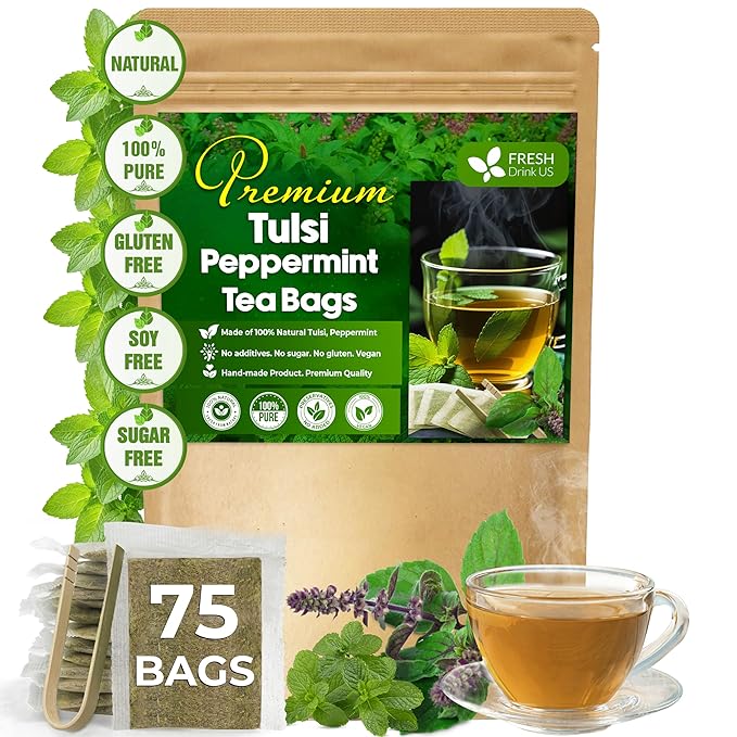 FreshDrinkUS, Premium Tulsi Peppermint Herbal Tea – 75 Tea Bags, 100% Natural, Blend of Tulsi Holy Basil Leaves, and Peppermint Leaves. Made with Natural Material Tea Bags. No Sugar, Vegan.